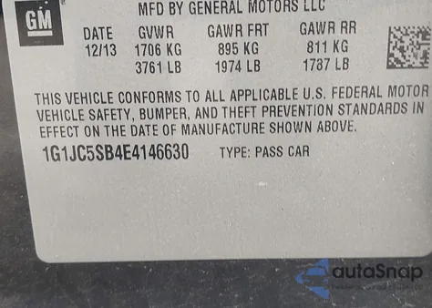 2014 Chevrolet Sonic Lt Auto z USA, uszkodzony, nr VIN 1G1JC5SB4E4146630